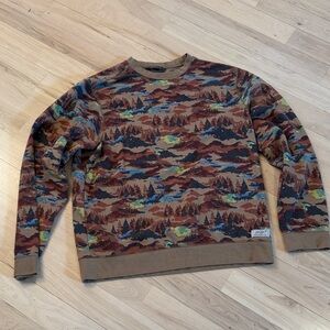 Eddie Bauer Camp Fleece Crew Sweatshirt-AOP-Mountains-Trees-Unisex-M-Gorpcore